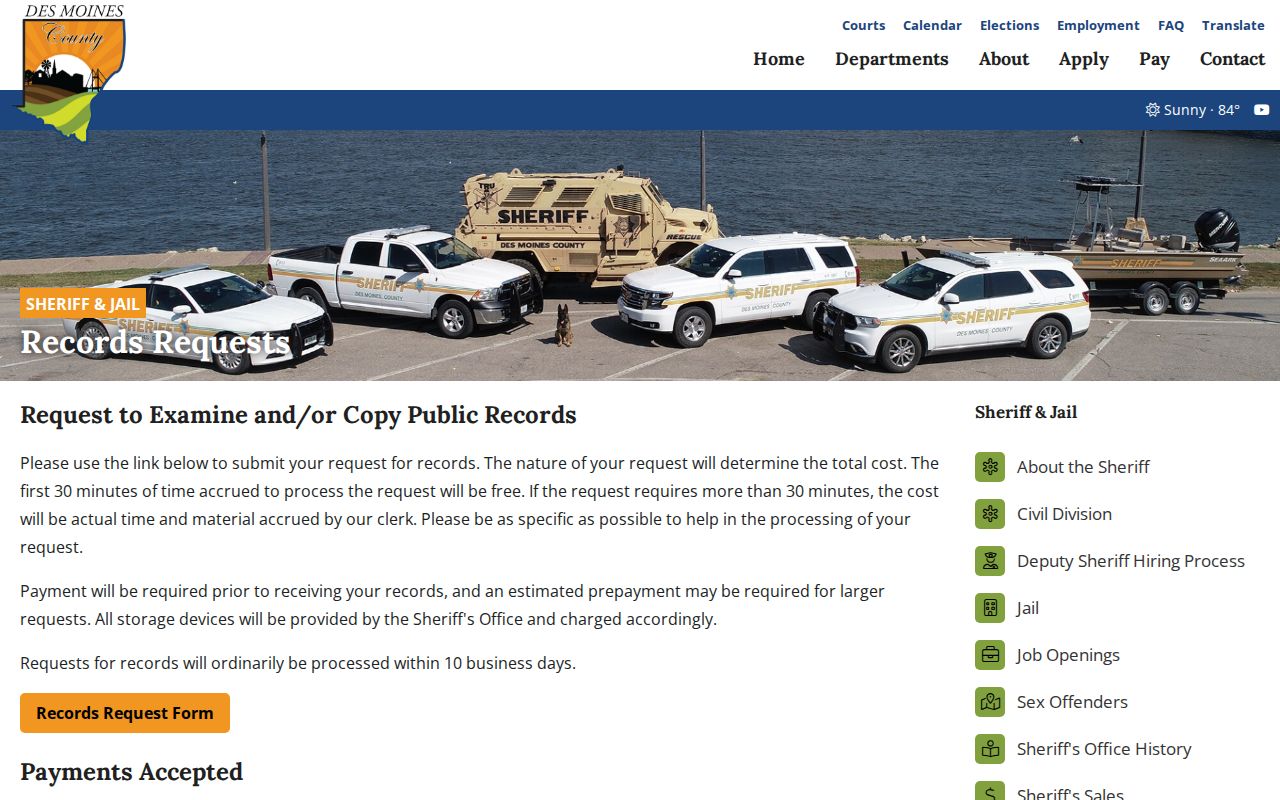 Des Moines County booking record request instructions