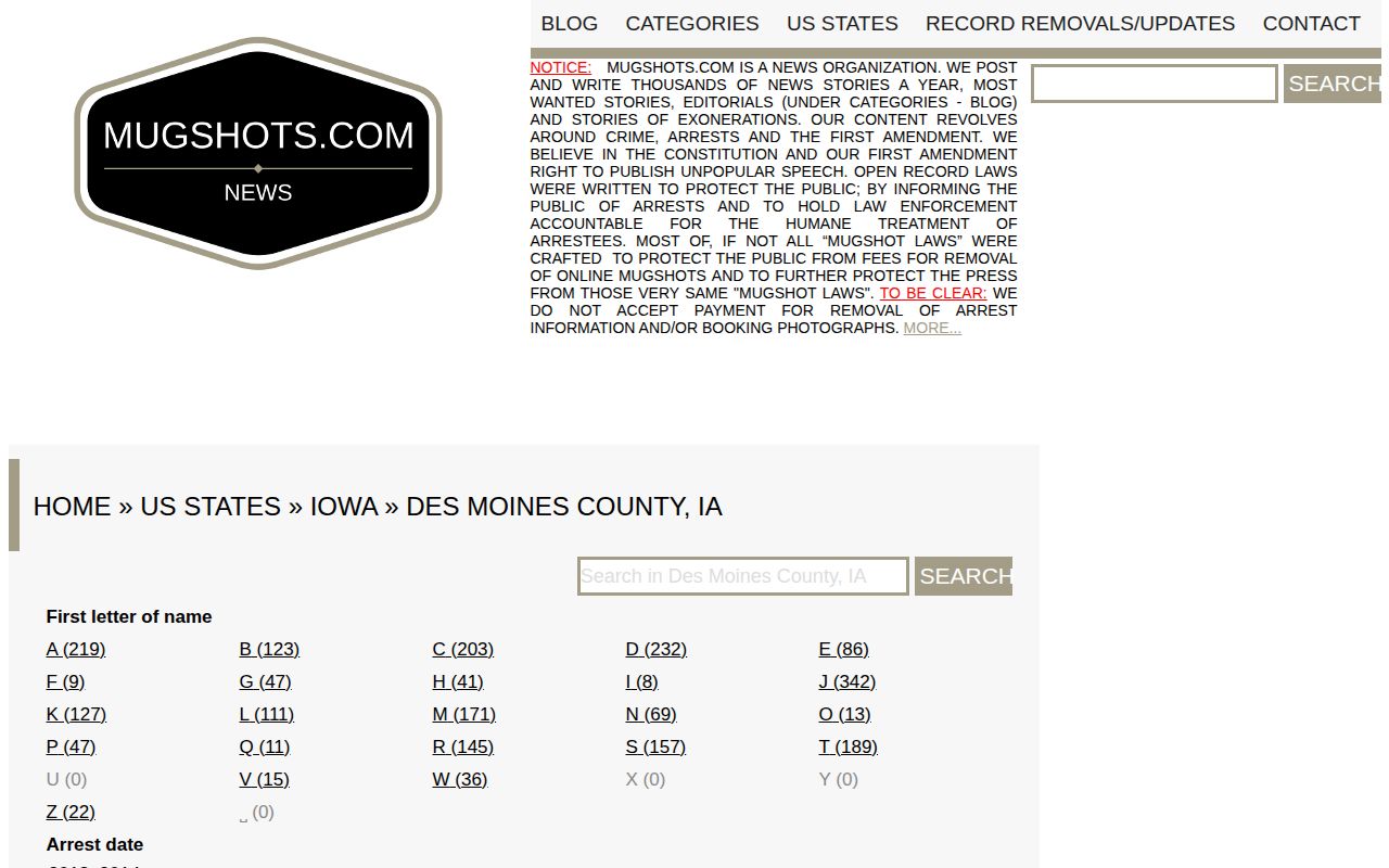 Unofficial stale Des Moines County mugshot aggregator page